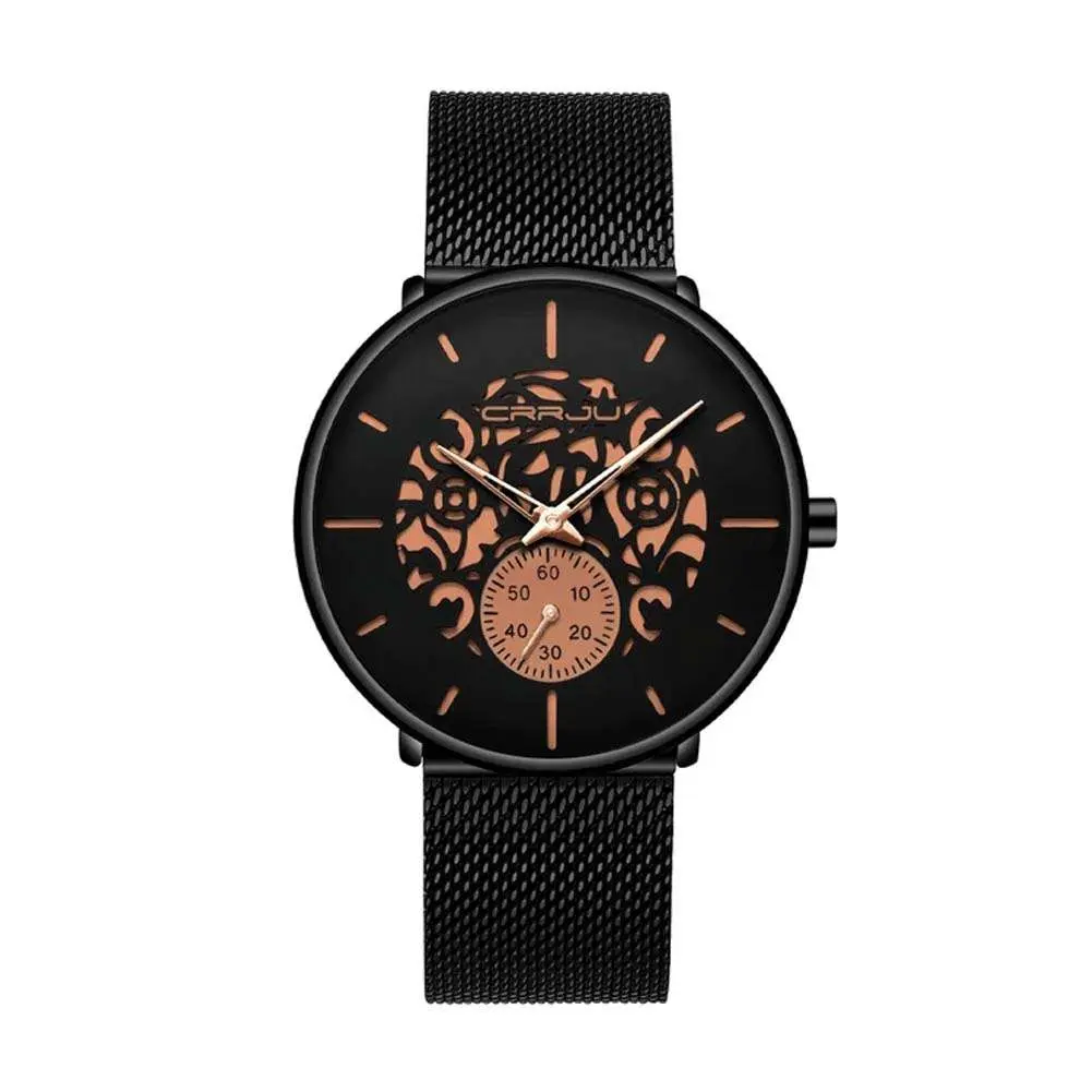 CRRJU 2150 Black Mesh Stainless Steel Ultra Slim Modern Fashion Men's Watch – Dial Color: Red, Strap Color: Black – View 1