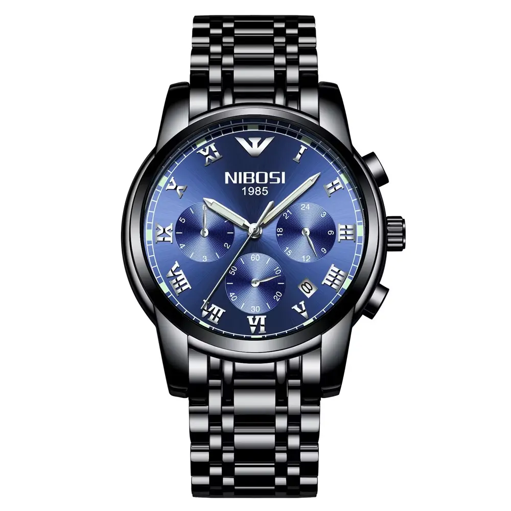 Nibosi 2301 High Quality Stainless Steel Chronograph Men's Watch – Dial Color: Blue, Strap Color: Black – View 1