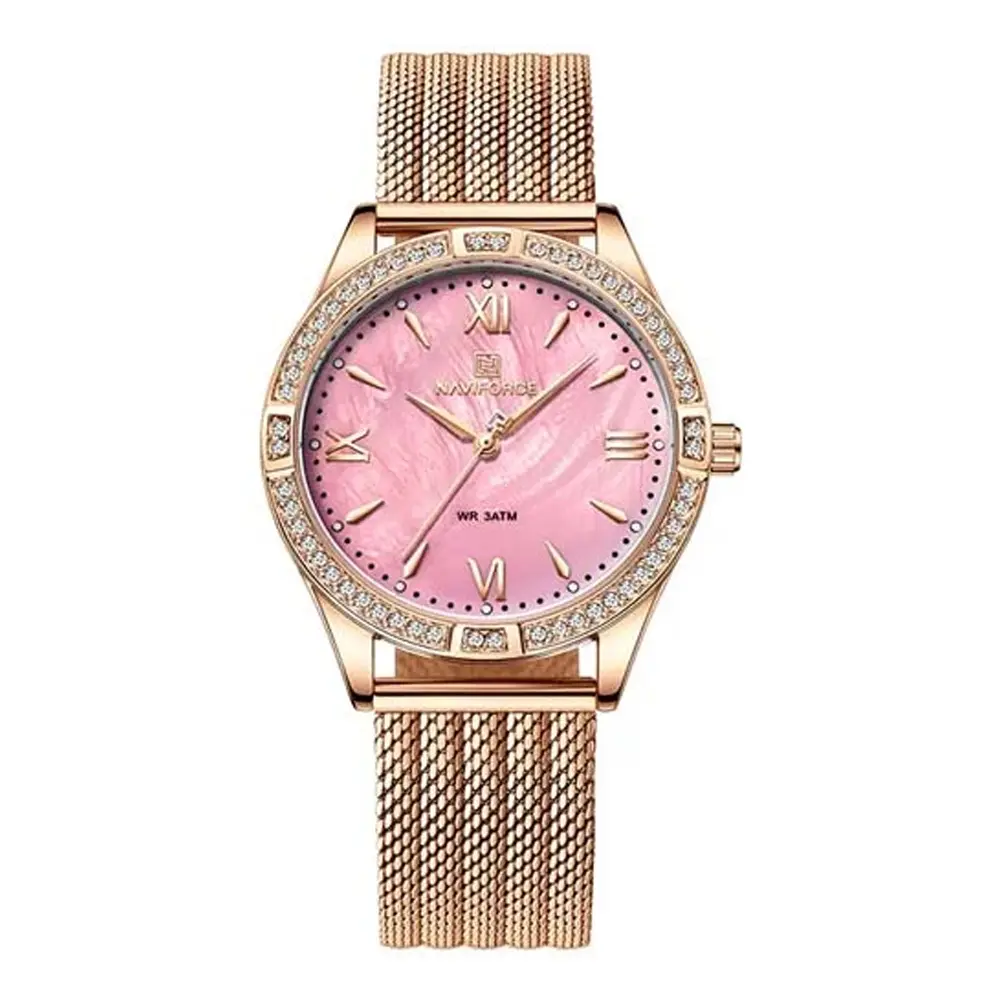 NAVIFORCE NF5028 Elegance casual Diamond Female Quartz Wristwatches – Dial Color: Pink, Strap Color:  Brown  – View 1