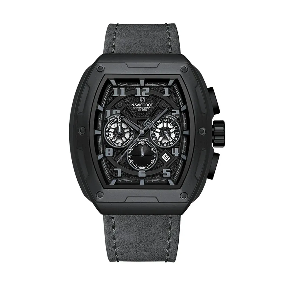 Naviforce 8053 High Quality Genuine Leather Straps Chronograph Men's Watch – Dial Color: Black, Strap Color: Black – View 1