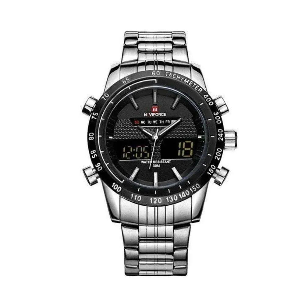 Naviforce NF9024 Luxury Stainnless Steel Dual Display Sport Men's Watch – Dial Color: Black, Strap Color: Silver – View 1