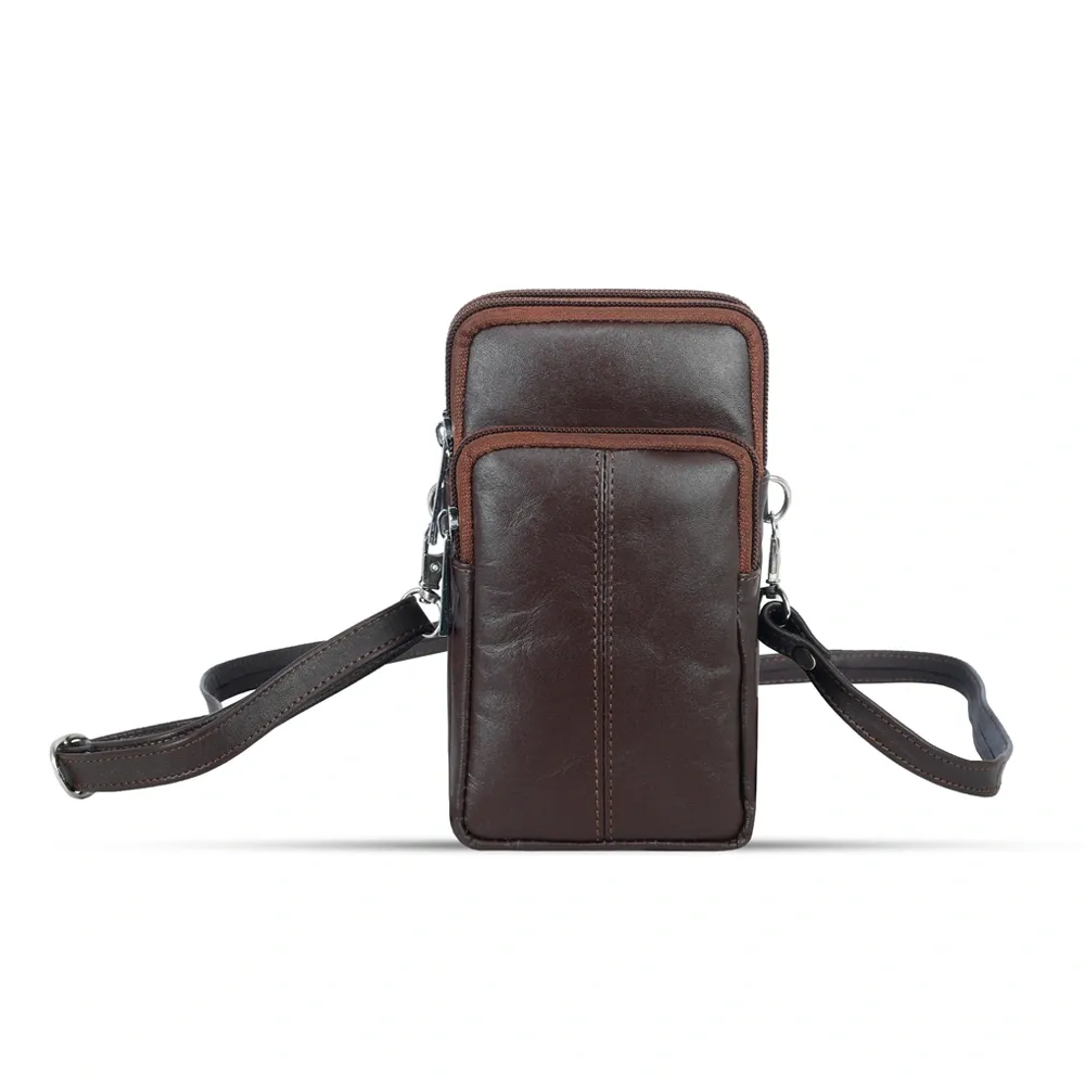3 Chamber Unisex Leather Messenger Bag with Strip Belt – Color: Brown – View 1