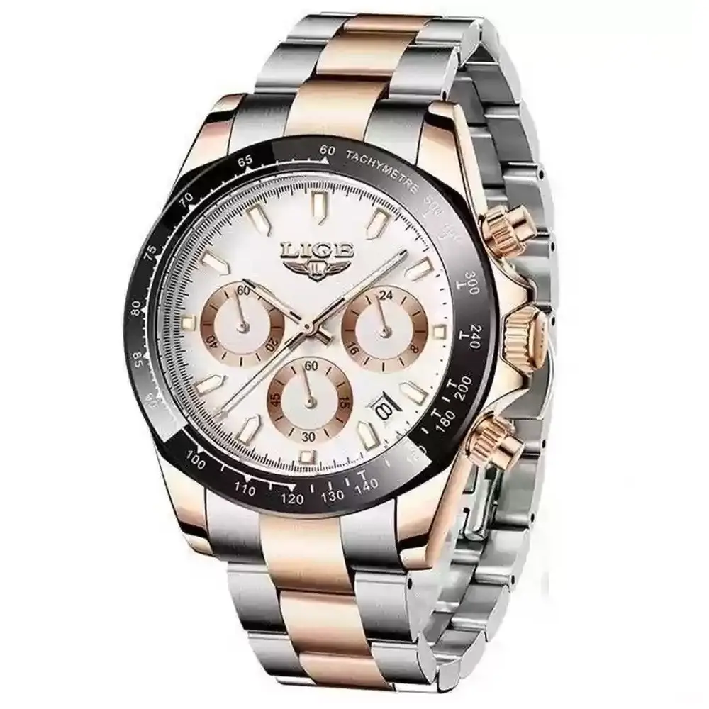 LIGE 8937 Premium Analog Stainless Steel Luxury Men's Watch – Dial Color: White, Strap Color: Rose – View 1