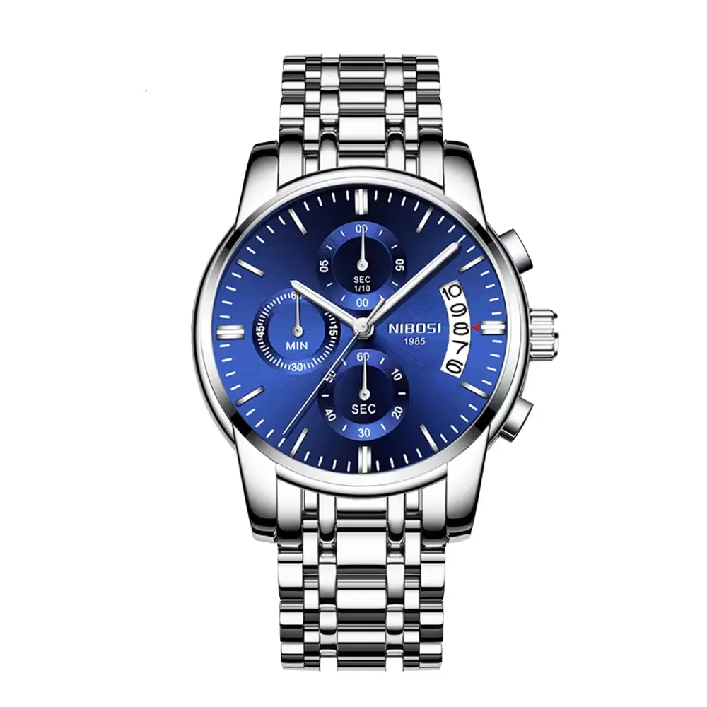 Nibosi 2353 High Quality Stainless Steel Analogue Men's Watch  – Dial Color: Blue, Strap Color: Silver – View 1