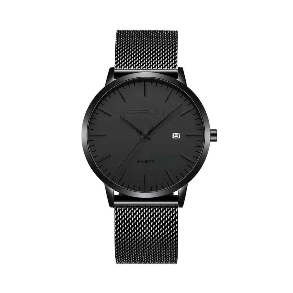 CRRJU 2172 High-Quality Slim Stainless Steel Strap Analog Quartz Formal Men’s Watch – Dial Color: Black, Strap Color: Black – View 1