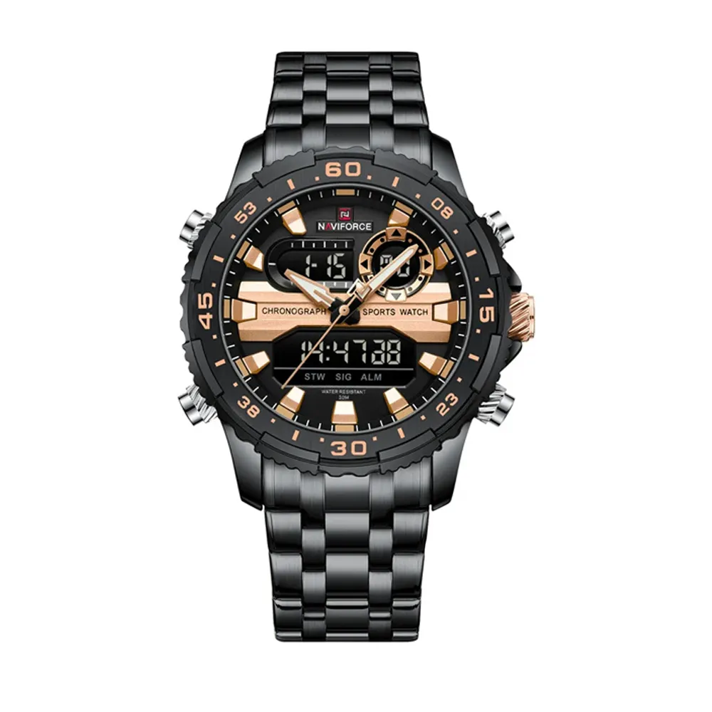 Naviforce 9234 High Quality Stainless Steel Dual Movement Sport Fashion Men Watch – Dial Color: Brown, Strap Color: Black – View 1