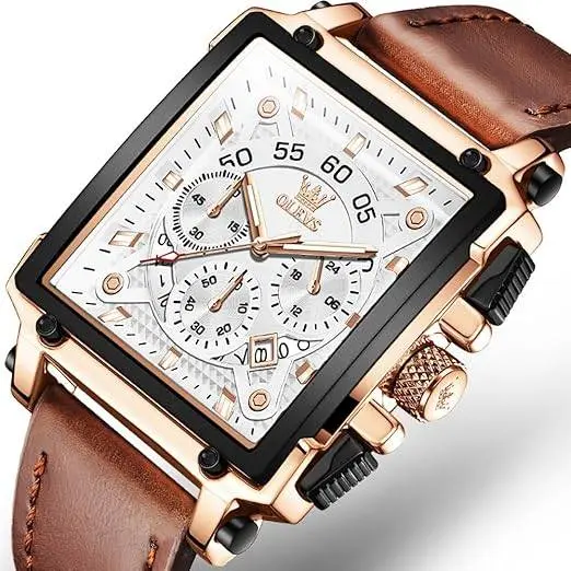 OLEVS 9919 Elite Sports Leather Strap Square Dial Chronograph Men's Analog Watch  – Dial Color: White, Strap Color:  Brown  – View 1