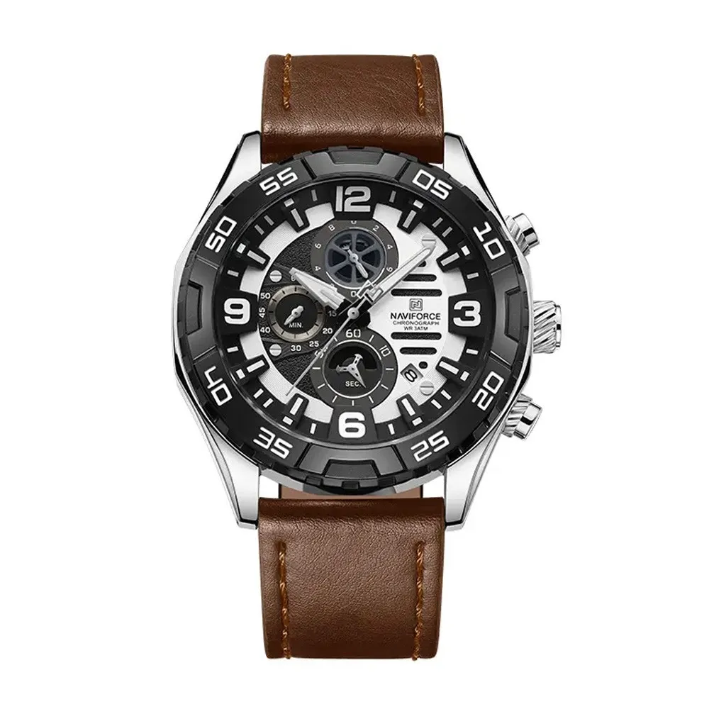Naviforce NF8043 Elegance Stainless Steel Men's Watch – Dial Color: Silver, Strap Color:  Brown  – View 1