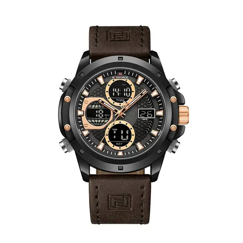 Naviforce NF9225 Elite Leather Dual Time Quartz Classic Men's Watch – Dial Color: Black, Strap Color:  Brown  – View 1