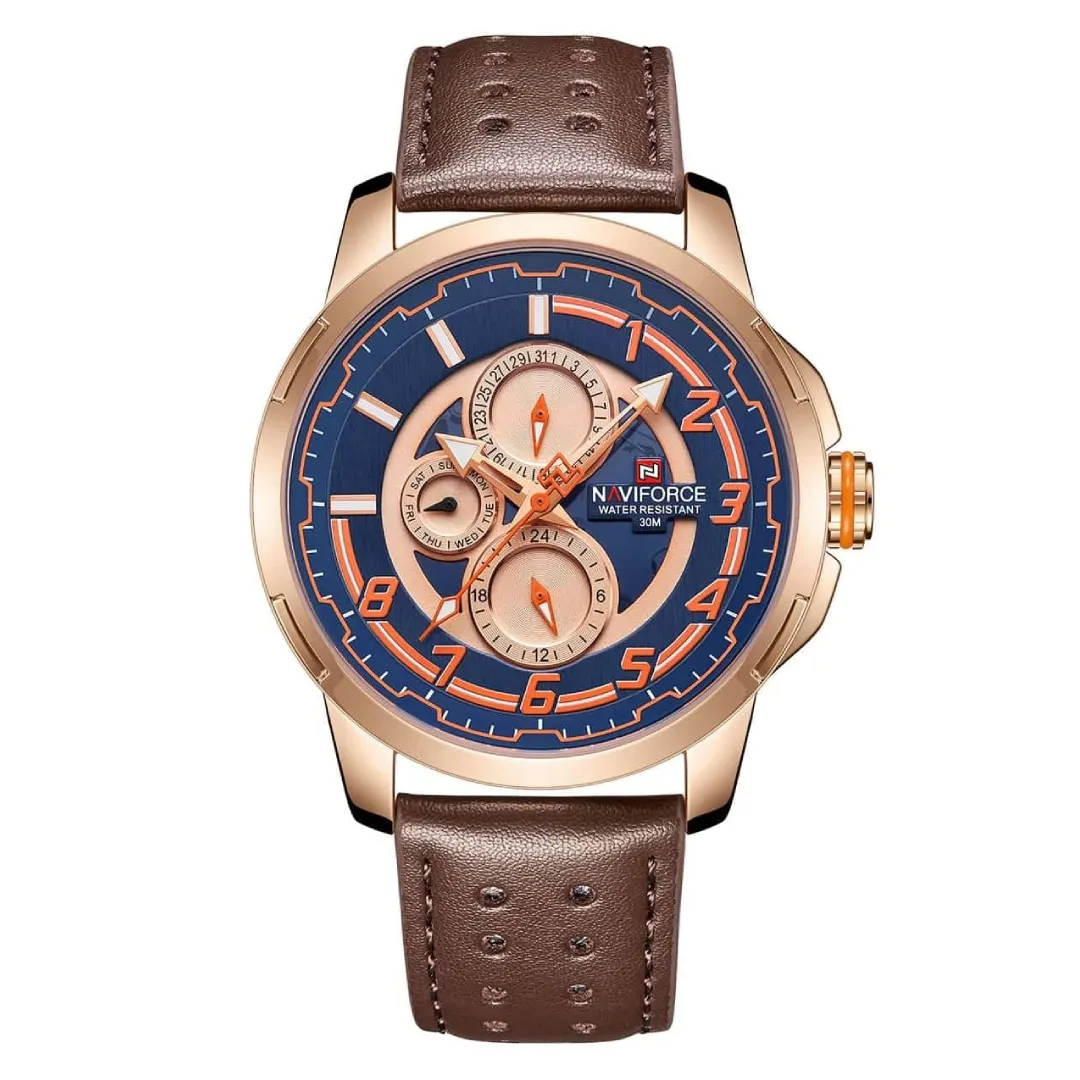 NAVIFORCE NF9142 PU Leather Chronograph Men's Watch – Dial Color: Rose, Strap Color:  Brown  – View 1