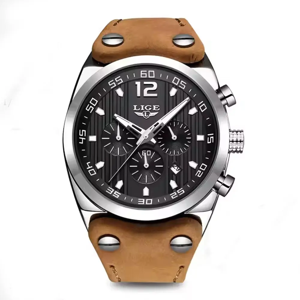 LIGE 9890 Analog High Quality Leather Quartz Chronograph Casual Men's Watch – Dial Color: Silver, Strap Color:  Brown  – View 1