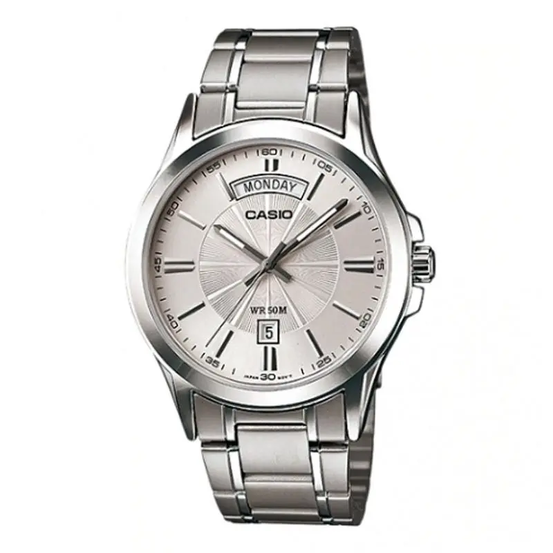 CASIO MTP-1381D-7AVDF ENTICER Stainless Steel Silver Chain Men's Water Resistant Watch – Dial Color: White, Strap Color: Silver – View 1