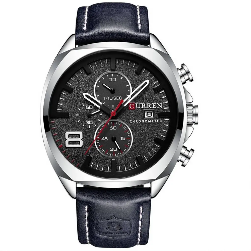 Curren 8324 Genuine Leather Strap Quartz Chronograph Men's Watch – Dial Color: Black, Strap Color: Black – View 1