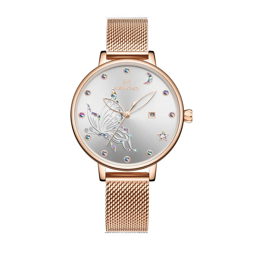 NAVIFORCE NF5009 Mesh Stainless Steel Analog Watch For Women – Dial Color: White, Strap Color:  Brown  – View 1