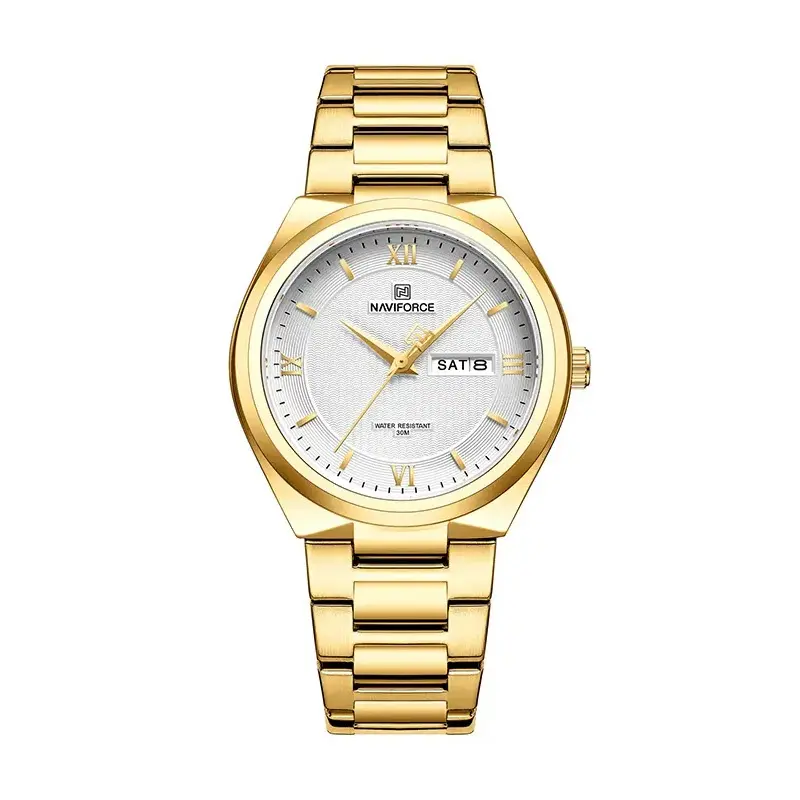 Naviforce NF8030 Military Stainless Steel Quartz Analog Men’s Watch – Dial Color: White, Strap Color: Gold – View 1