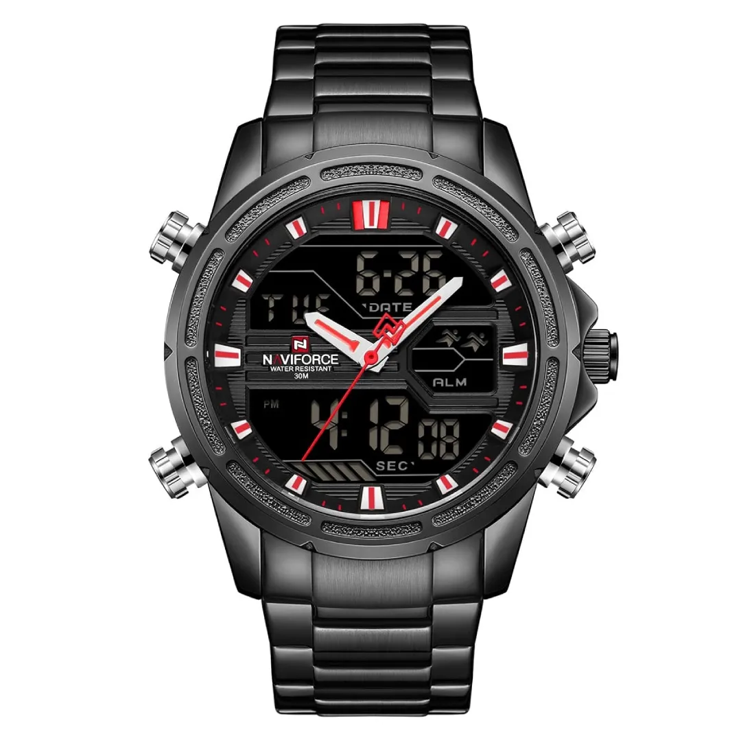 Naviforce NF9138 Luxurious Stainless Steel Men's Watch – Dial Color: Red, Strap Color: Black – View 1