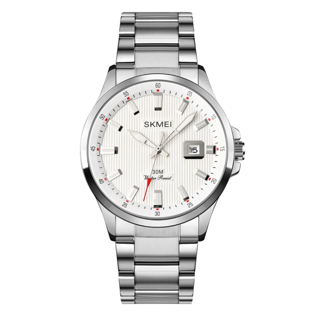 SKMEI 1654 Luxury Stainless Steel Relojes Para Hombre Men's Watch – Dial Color: White, Strap Color: Silver – View 1
