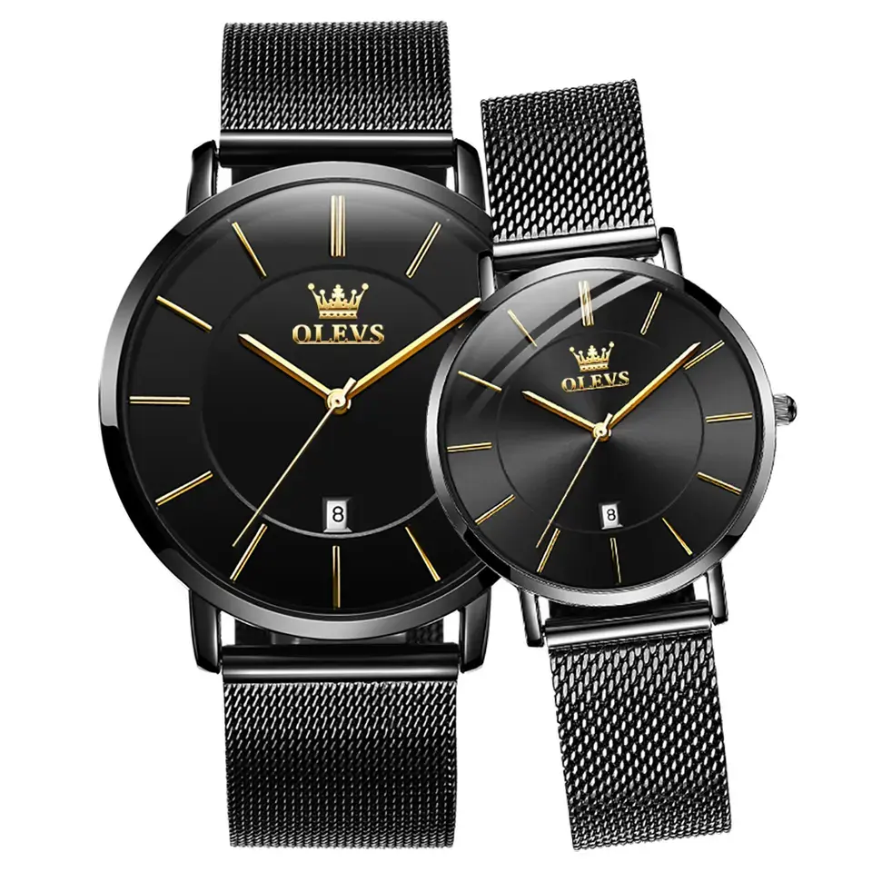 OLEVS 5869 Milanese Mesh Strap Waterproof Versatile Ultra Thin Couple's Wristwatch – Dial Color: Black, Strap Color: Black – View 1