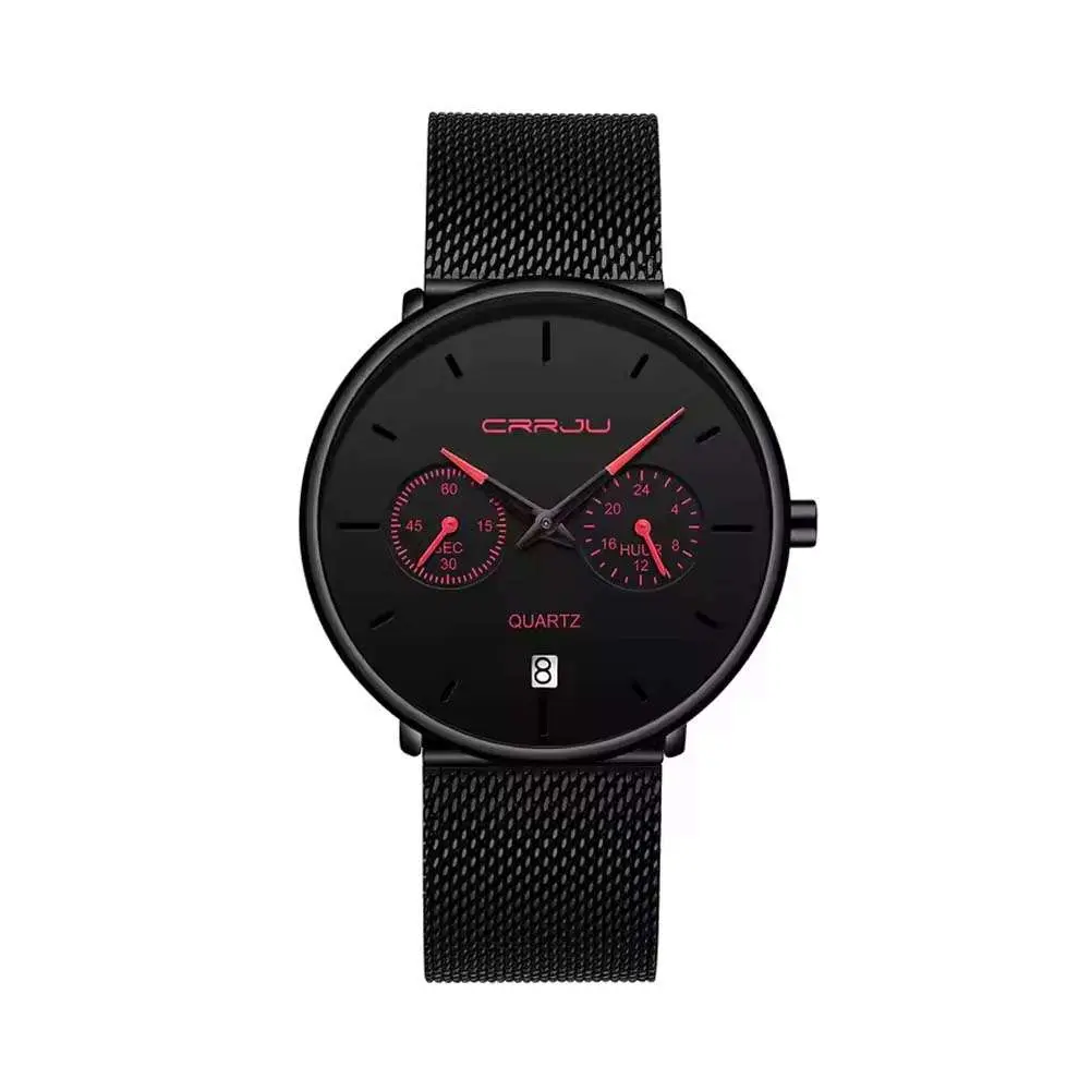 CRRJU 2162 Ultrathin Mesh Stainless Steel Band Business Fashion Men’s Watch – Dial Color: Red, Strap Color: Black – View 1