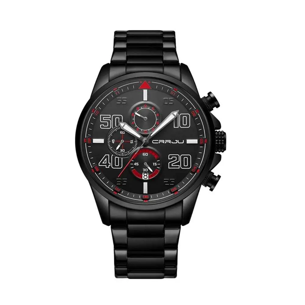 CRRJU 2307 Stainless Steel Multifunction Masterpiece Classic Chrono Men's Watch – Dial Color: Red, Strap Color: Black – View 1