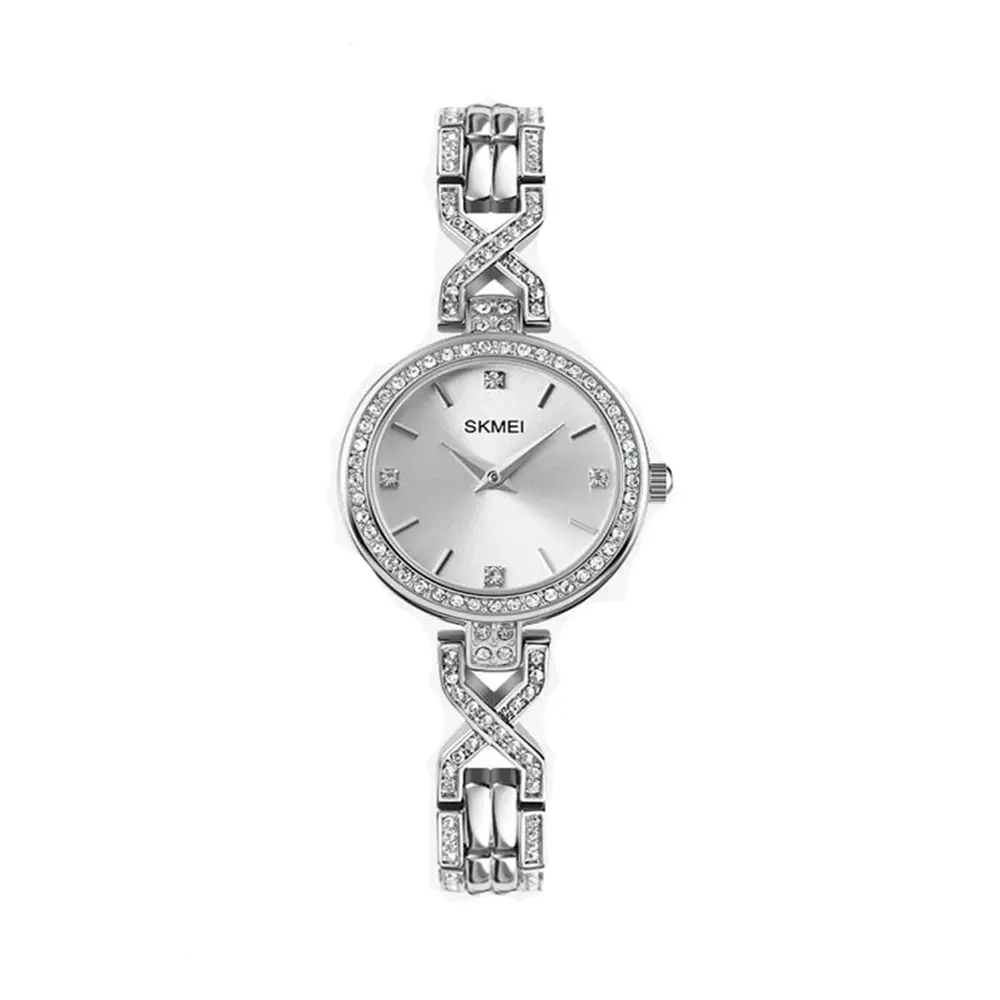 SKMEI 1738 Iced Elegant Round Dial Diamond Rhinestone Bracelet Design Women Watch – Dial Color: Silver, Strap Color: Silver – View 1