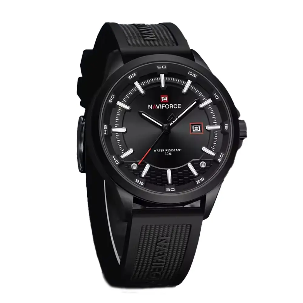 Naviforce NF9248T Waterproof Comfortable Silicone Strap Quartz Sports Men's Watch – Dial Color: Black, Strap Color: Black – View 1