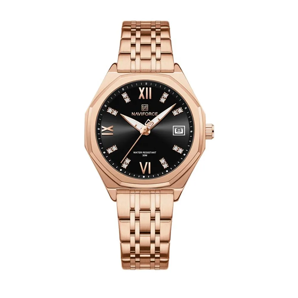 Naviforce 5052 Luxury Stainless Steel Quartz Analog Men's Watch – Dial Color: Black, Strap Color:  Brown  – View 1