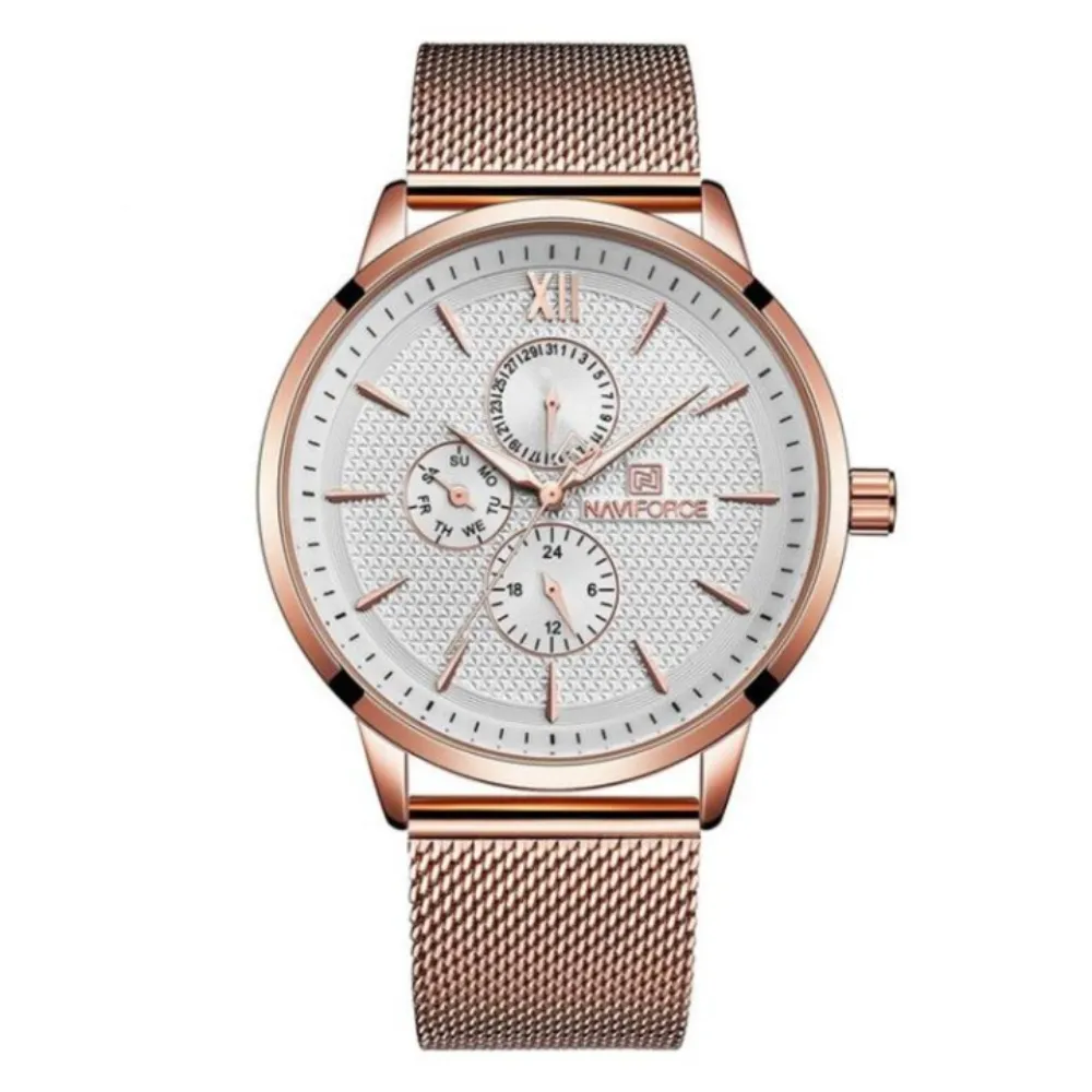 Naviforce NF3003 Mesh Stainless Steel Quartz Men's Watch – Dial Color: White, Strap Color: Rose – View 1