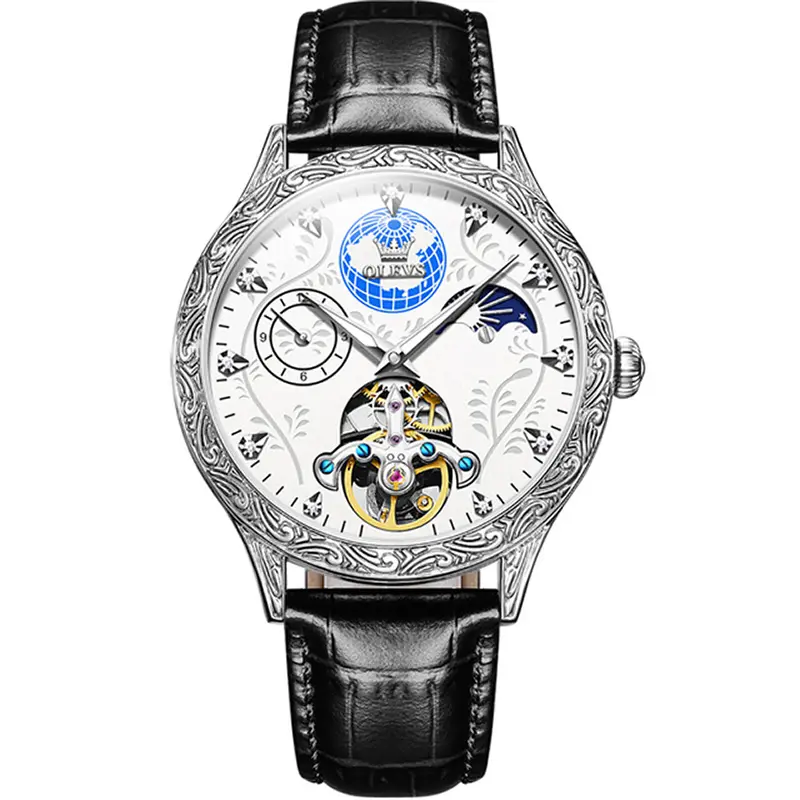 OLEVS 6660 Vintage Mechanical Movement Leather Strap Men's Wristwatch  – Dial Color: White, Strap Color: Black – View 1