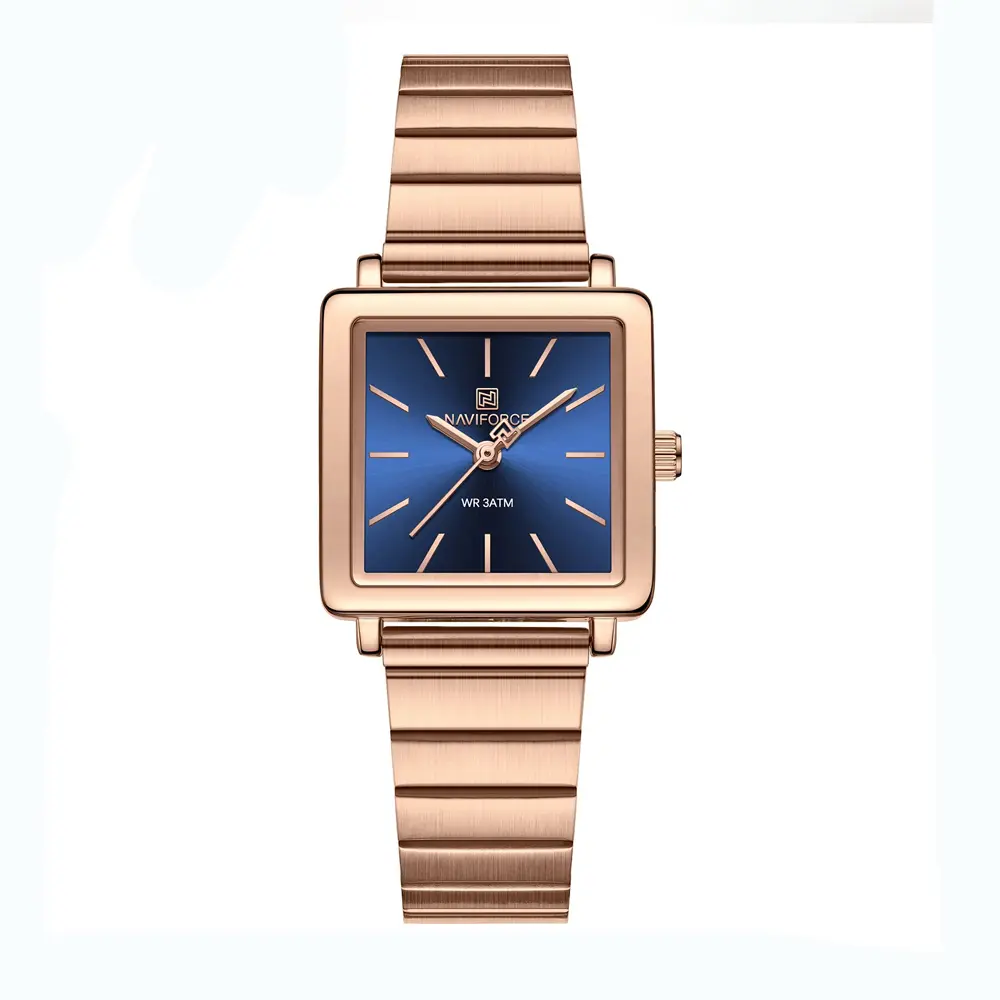 NAVIFORCE NF5048 Stylish Square Waterproof Women’s Watch – Dial Color: Blue, Strap Color:  Brown  – View 1