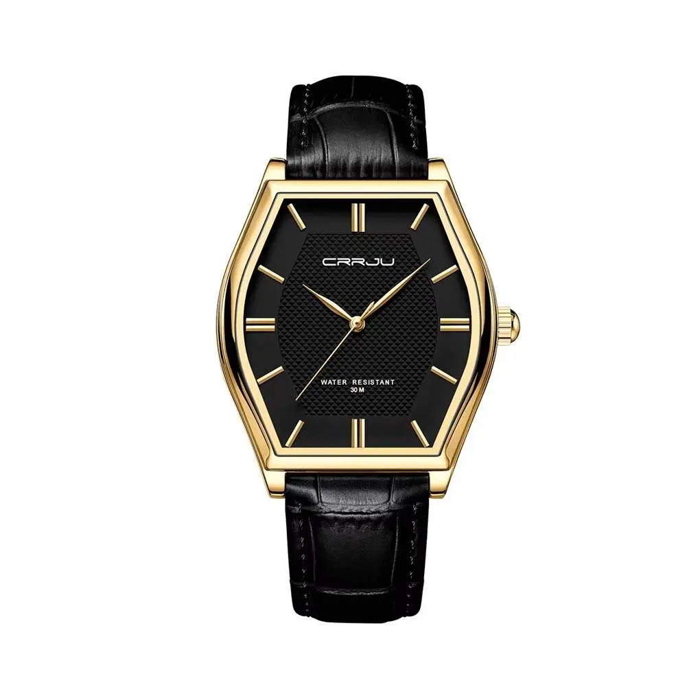 CRRJU 5020 Genuine Leather Strap Quartz Analog Luxury Redefined Men’s Fashion Watch – Dial Color: Gold, Strap Color: Black – View 1