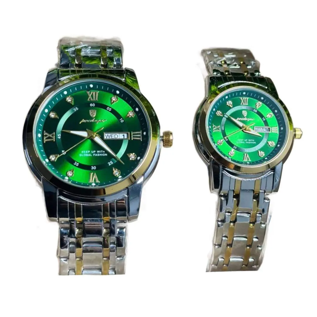 Poedagar 936 Couple Watch Green With Premium Box – Dial Color: Green, Strap Color: Silver – View 1