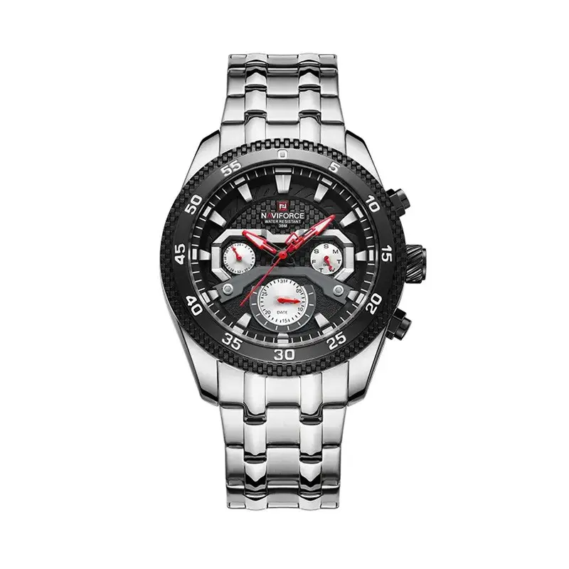 Naviforce NF9222 Luxury Stainless Steel Quartz Analog Men's Watch – Dial Color: Black, Strap Color: Silver – View 1