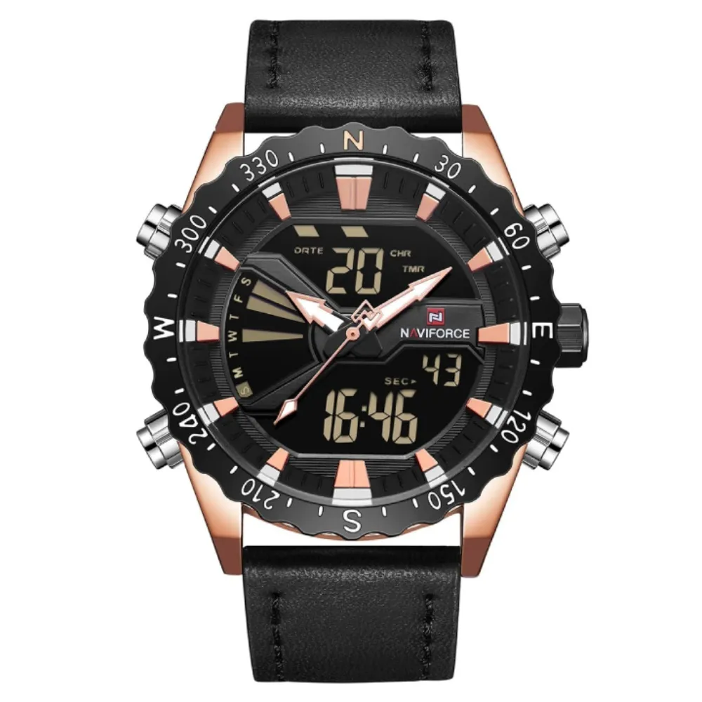 NAVIFORCE NF9136 Leather Sports Quartz Analog Digital Men’s Watch – Dial Color: Rose, Strap Color: Black – View 1