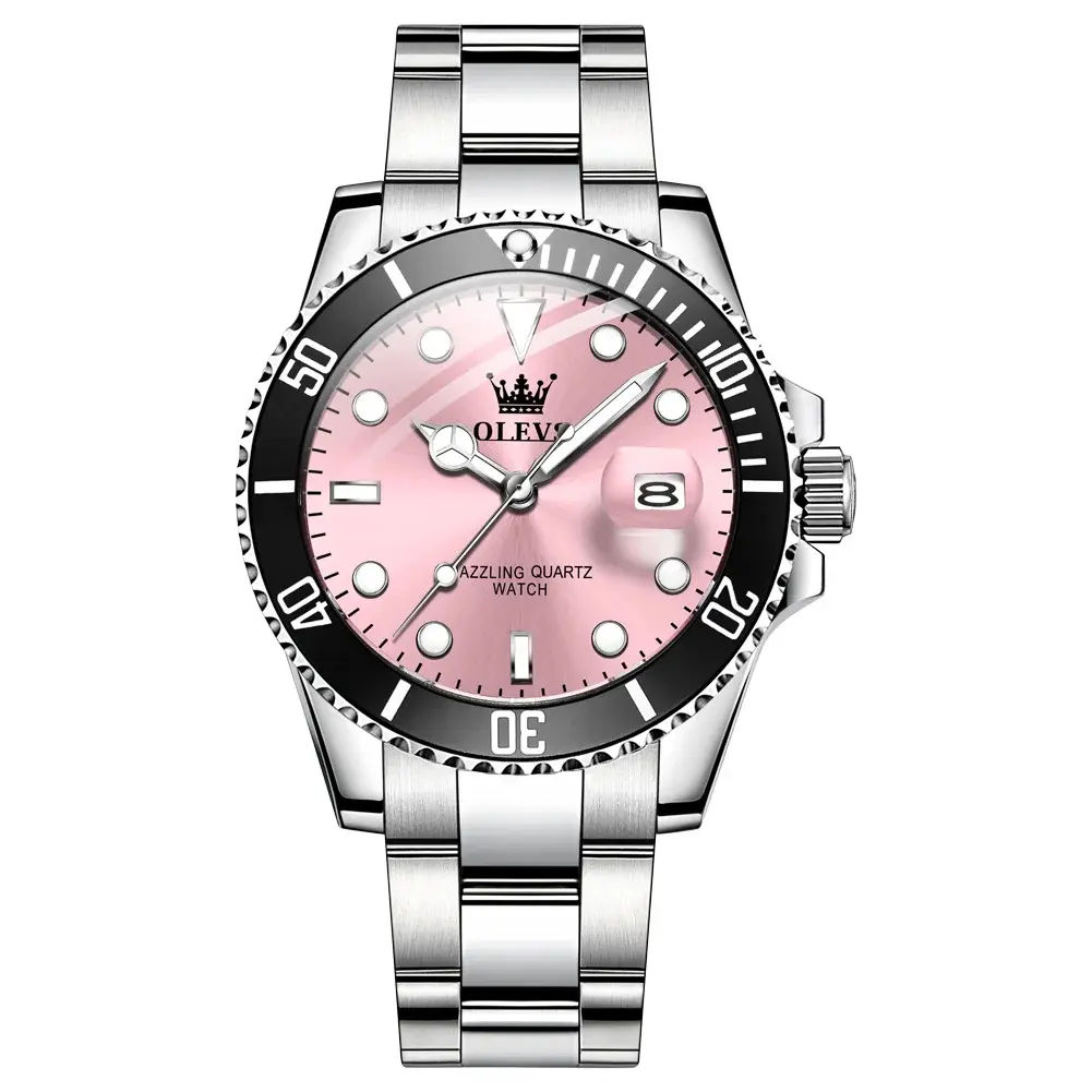 Olevs 5885 Ghost Stainless Steel Waterproof Luminous Quartz Men's Watch – Dial Color: Pink, Strap Color: Black – View 1