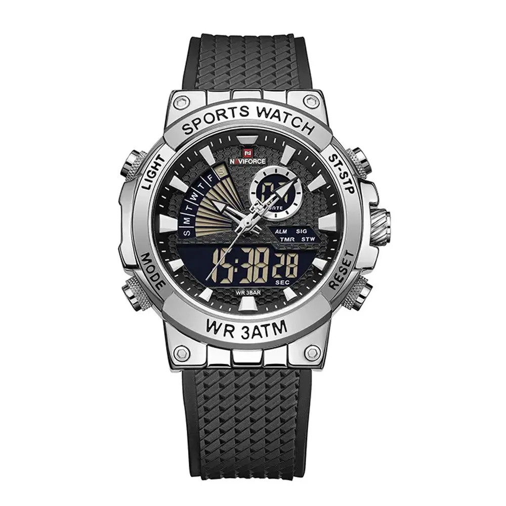 NAVIFORCE NF9219 Luxury Fashion Quartz Analog Digital Men's Watch – Dial Color: Silver, Strap Color: Black – View 1