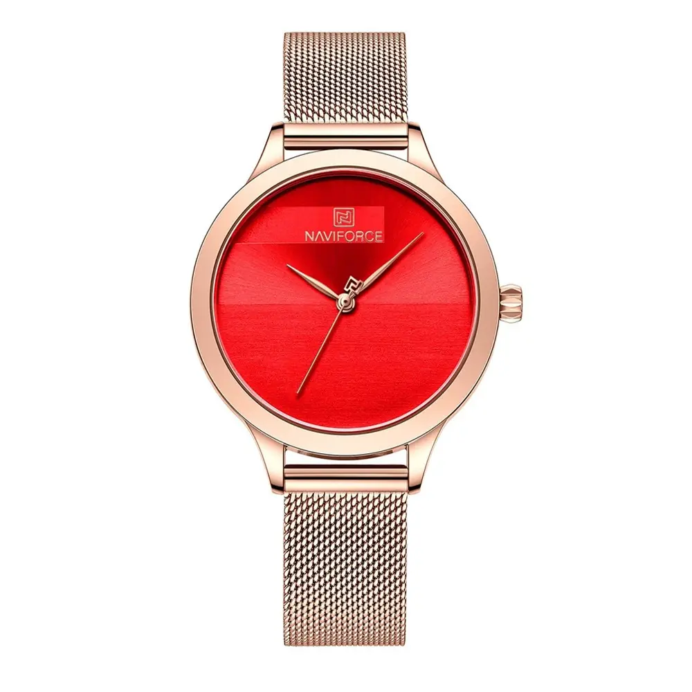 NAVIFORCE NF5027 Romantic Charming Quartz Luxury Stainless Steel Women Watches – Dial Color: Red, Strap Color:  Brown  – View 1