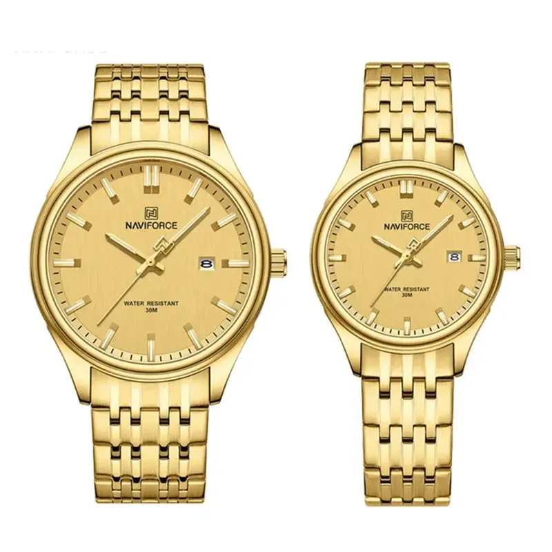 Naviforce NF8039 Luxury Stainless Steel Quartz Analog Casual Couple Watch – Dial Color: Gold, Strap Color: Gold  – View 1