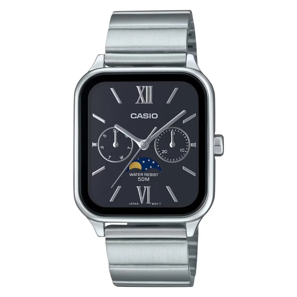 CASIO MTP-M305D-1A2VDF Moon Chaser Roman Hour Marker Silver Chain Unisex Analog Watch – Dial Color: Black, Strap Color: Silver – View 1