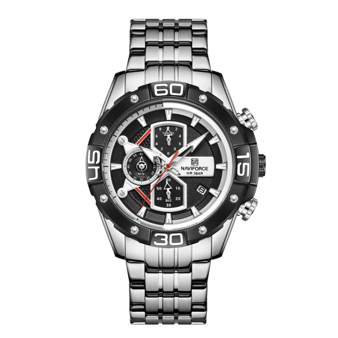 NAVIFORCE NF8018 Stainless Steel Chronograph Man's Watch – Dial Color: Black, Strap Color: Silver – View 1