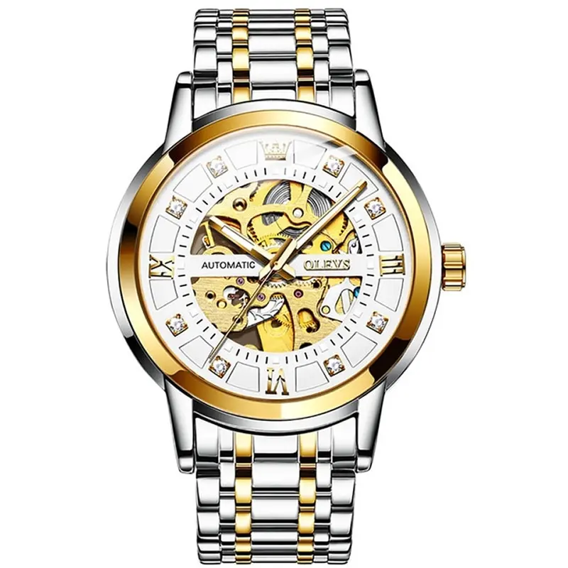 Olevs 9901 Diamond Hour Marker Stainless Steel Hollow Mechanical Men's Watch – Dial Color: White Gold, Strap Color: White Gold – View 1