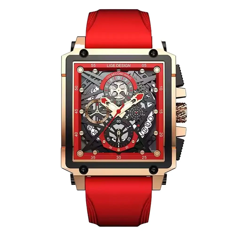 LIGE 8935 Exclusive Square Dial Analog Hollow Luxury Men's Watch – Dial Color: Red, Strap Color: Red – View 1