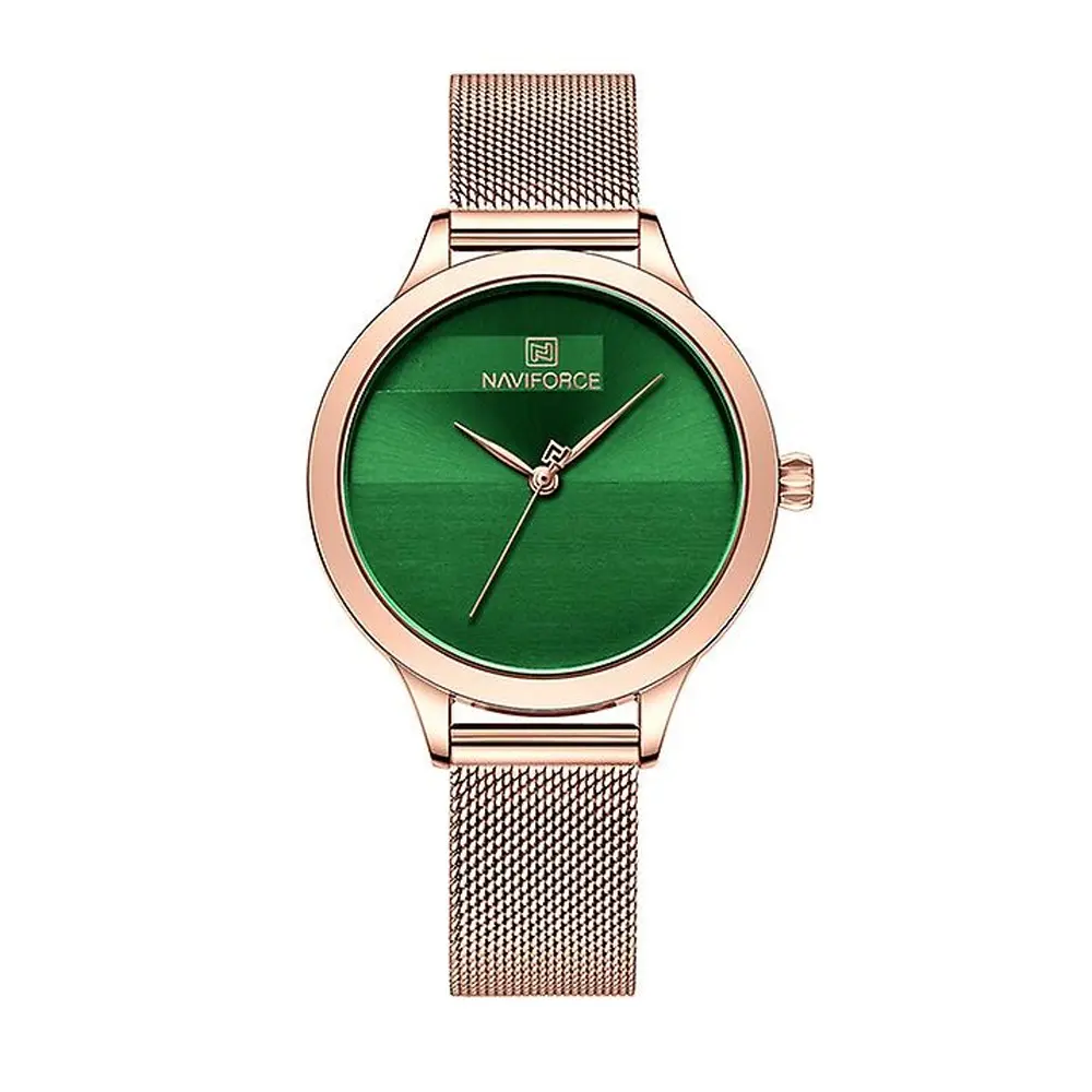 NAVIFORCE NF5027 Romantic Charming Quartz Luxury Stainless Steel Women Watches – Dial Color: Green, Strap Color:  Brown  – View 1