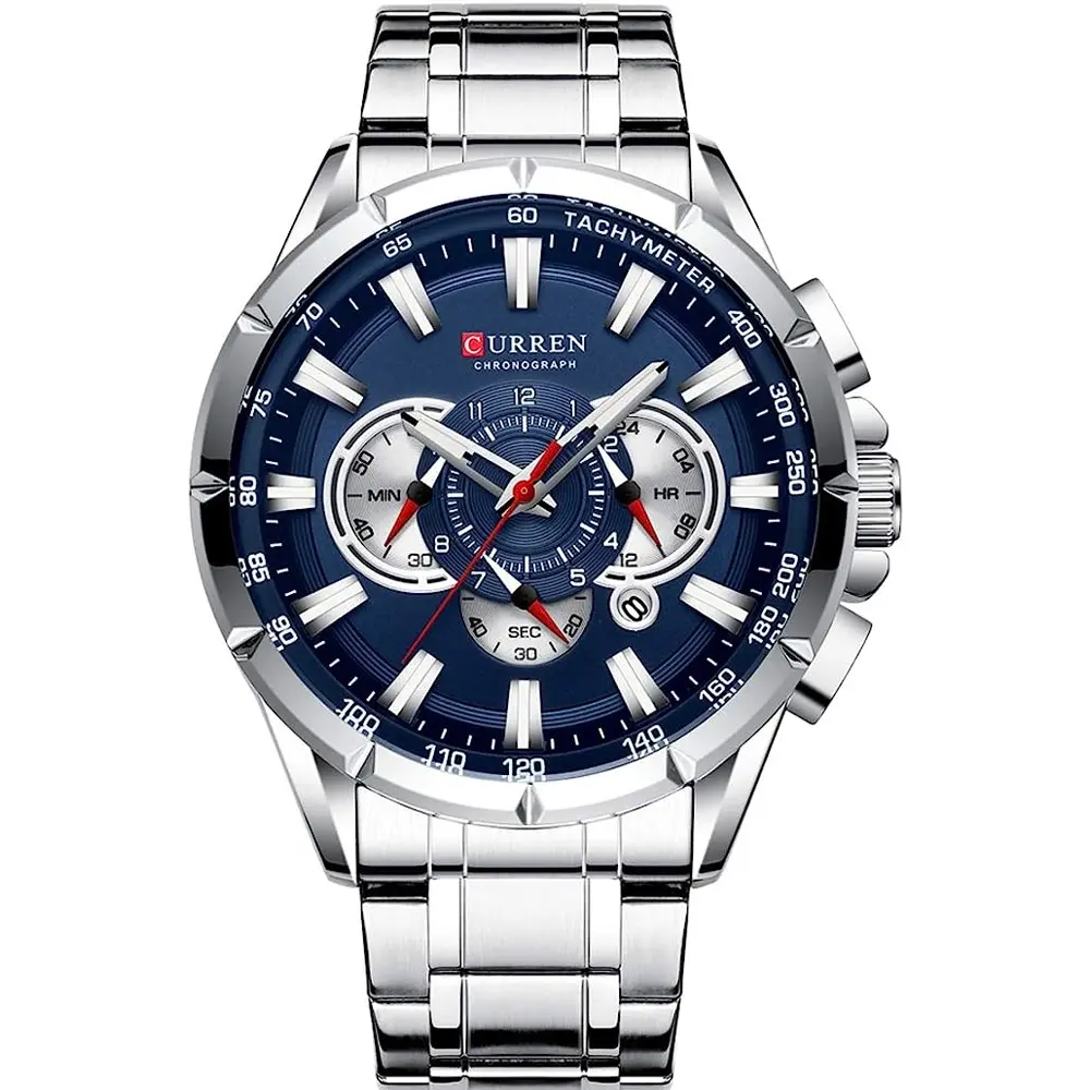 Curren 8363 Comfortable Stainless Steel Multifunctional Chronograph Casual Men's Watch – Dial Color: Blue, Strap Color: Silver – View 1