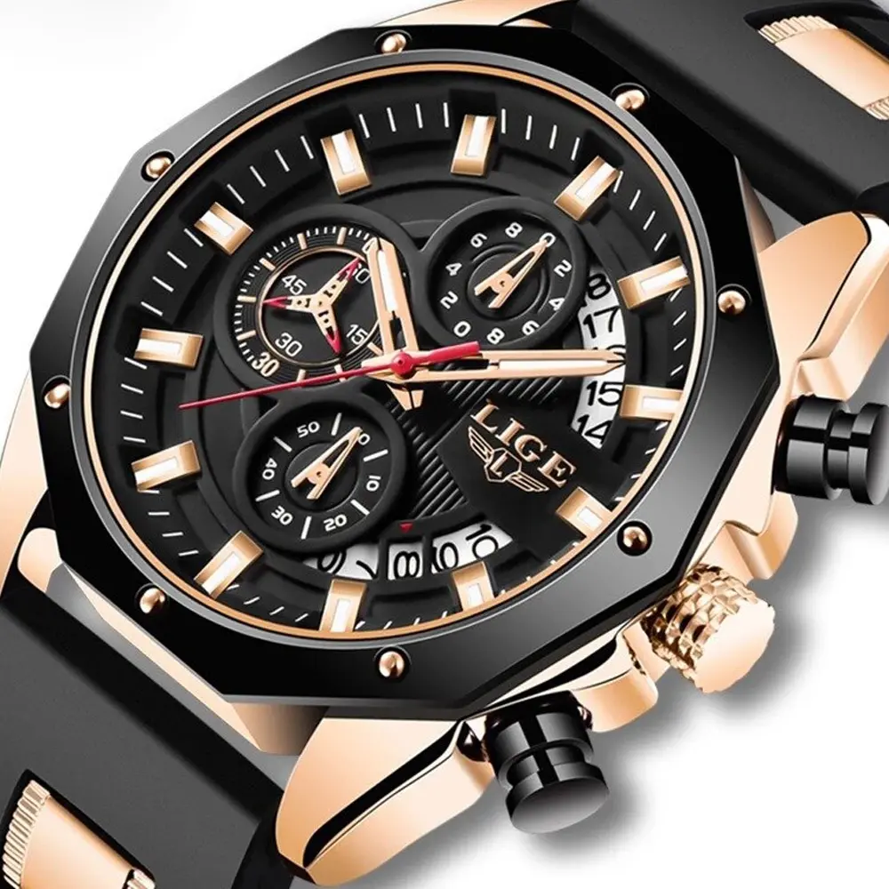 LIGE 8908 Analog Movement Premium Silicone Strap Men's Sports Watch – Dial Color: Bronze, Strap Color: Black – View 1