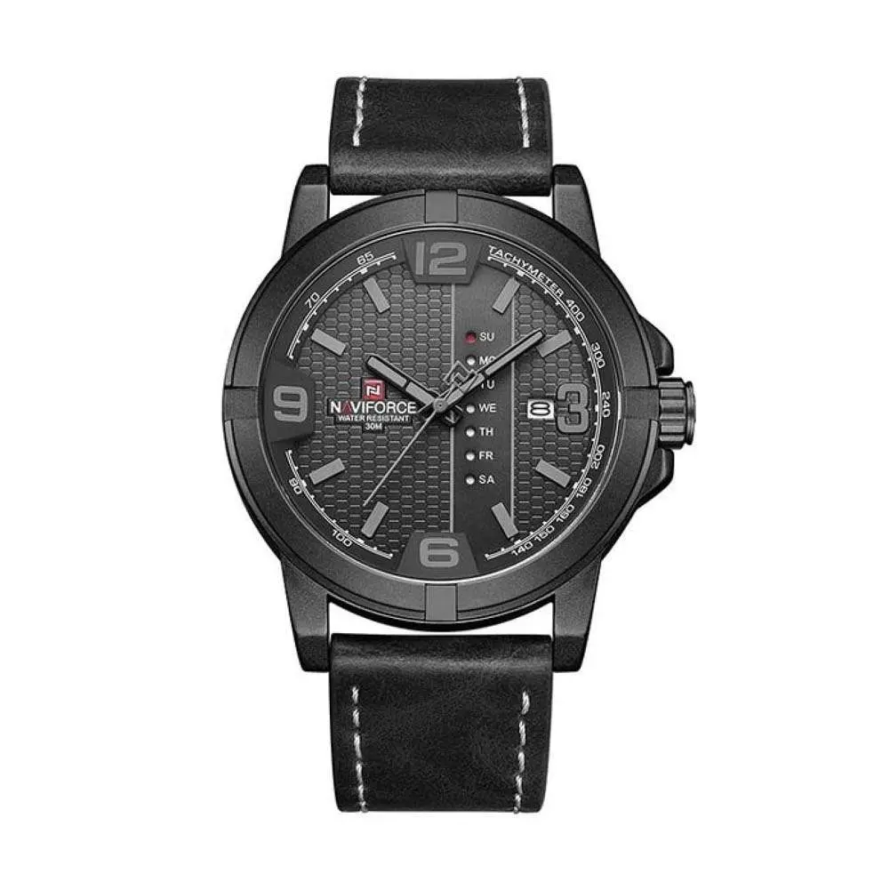 Naviforce NF9177 Top Quality Leather Strap Creative Calendar Unique Fashion Men's Watch – Dial Color: Black, Strap Color: Black – View 1