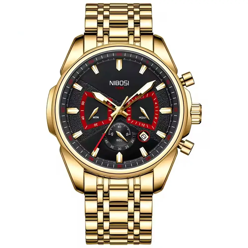 Nibosi 2508 Luxury Stainless Steel Luminous Needles Men's Watch – Dial Color: Black Gold, Strap Color: Gold – View 1