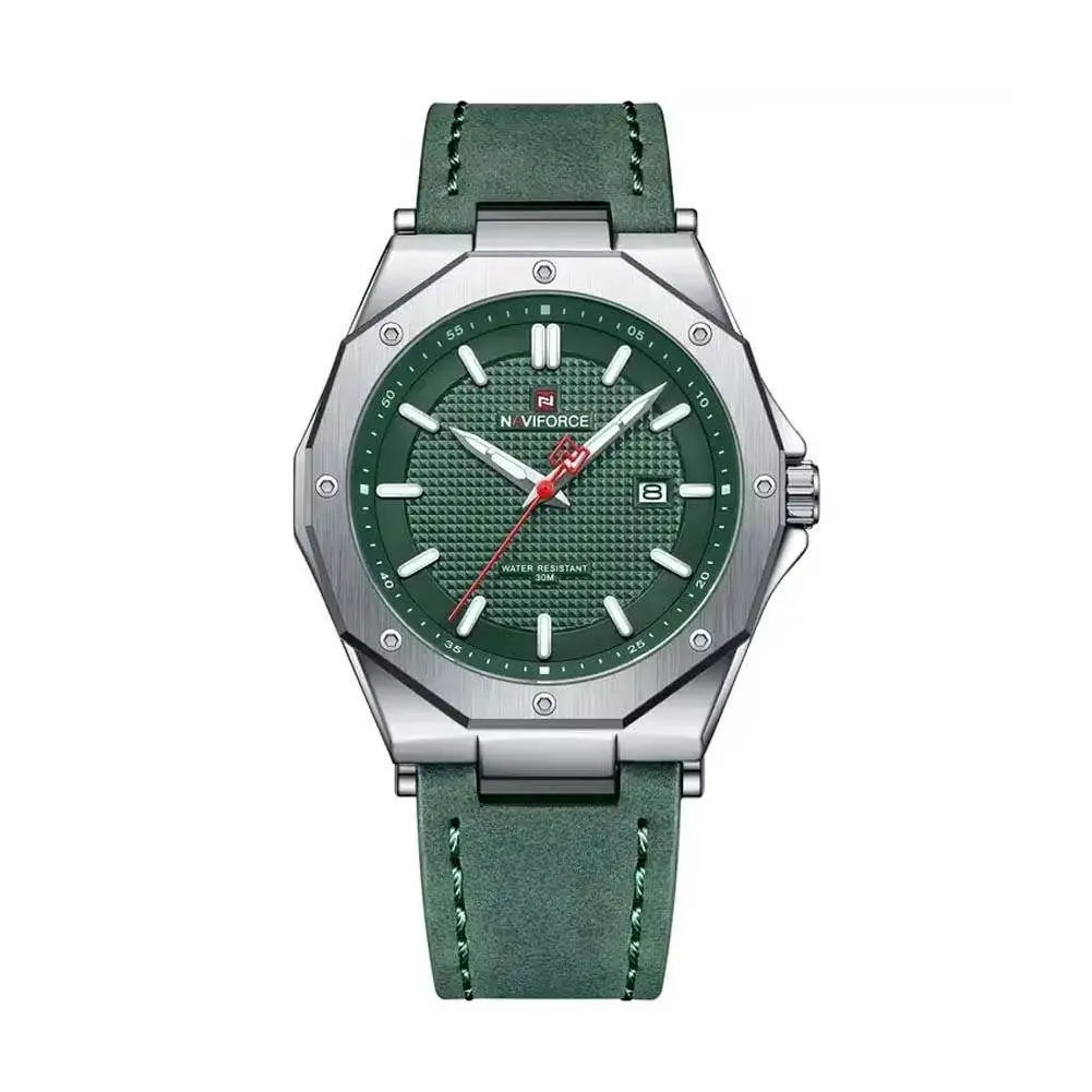Naviforce NF9200 Luxury Genuine Leather Strap Quartz Movement Casual Fashion Men's Watch – Dial Color: Green, Strap Color: Green  – View 1