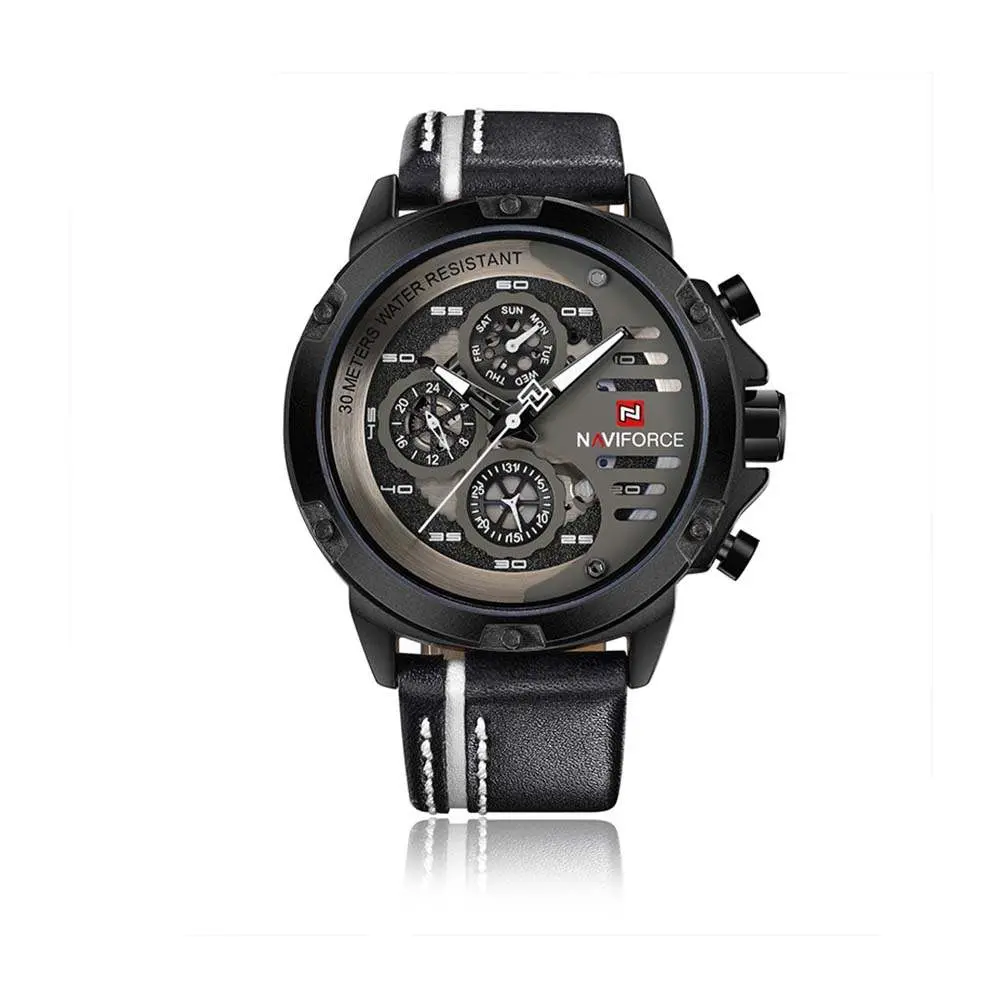 Naviforce NF9110L Genuine Leather Strap Six Hands Quartz Classic Men's Watch – Dial Color: White, Strap Color: Black – View 1