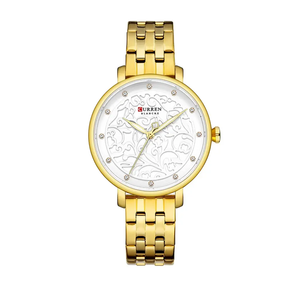 CURREN 9046 Stainless Steel Analog Watch For Women – Dial Color: White, Strap Color: Gold  – View 1